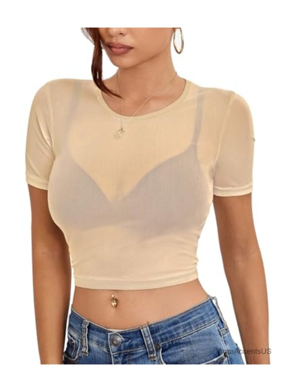 Women's Sheer Mesh Crop Top Short Sleeve Crew Neck Pullover Stretchy